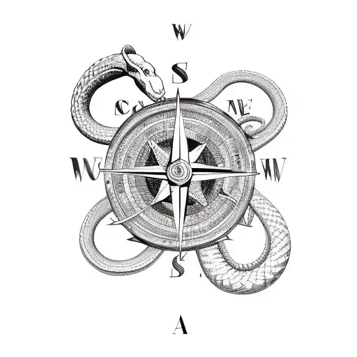 A Snake Coiled Around A Compass Pointing Towards Different Travel Destinations
