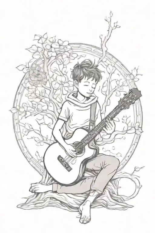 A Boy And His Guitar Intertwined With The Big Tree Of Life