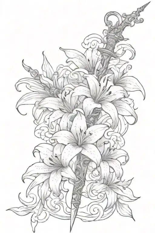 Lily Flowers Wrapping Down A Sword In A Spiral