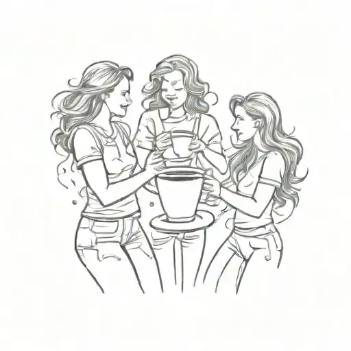 A Sketch-style Tattoo Of Friends Dancing Together With Coffee Cups In Hand