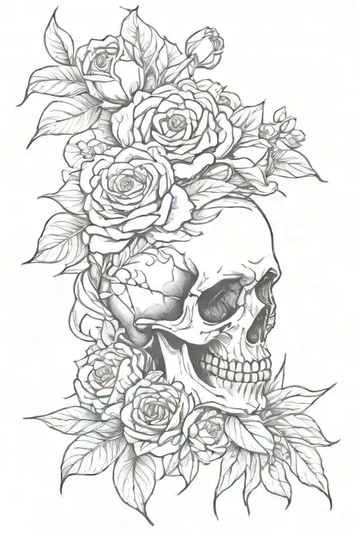 Skull Design Facing Towards The Left With Tulips And Roses And Any Other Flowers