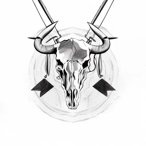 Bull Skull With Cowboy Inside With Arrow And Feather Behind It