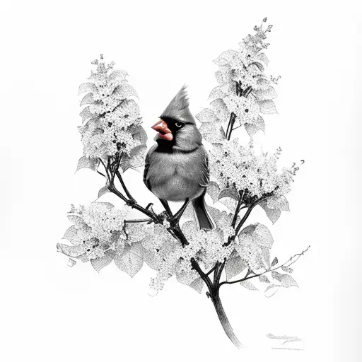 Cardinal Perched On Lilacs