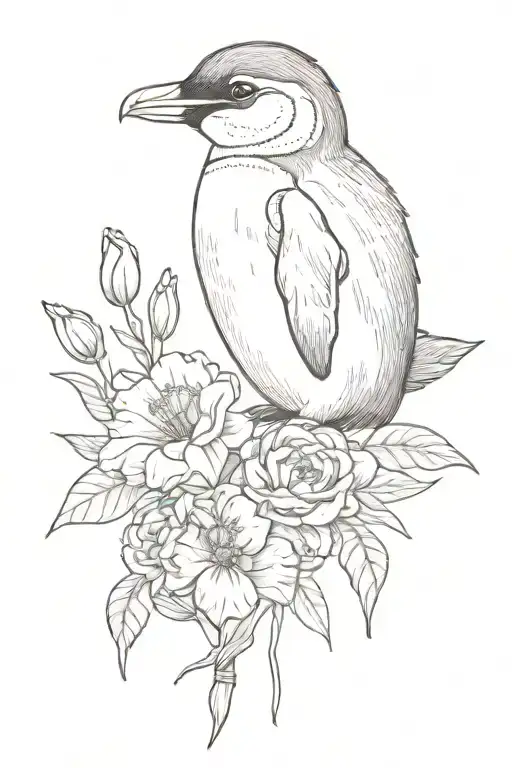 Baby Penguin And Carnation Flower Intertwined