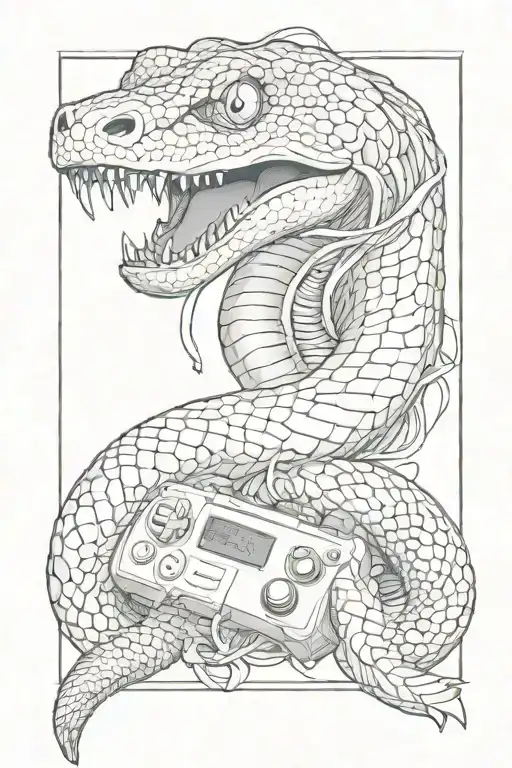 A Sketch Style Tattoo Of A Snake With A Gaming Controller In Its Mouth