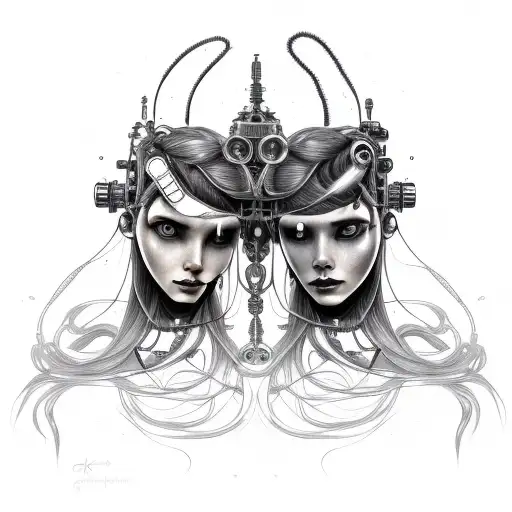 Cyborg Gemini Sisters Hair Tangled Together Conjoined Calm Faces Slight Smile