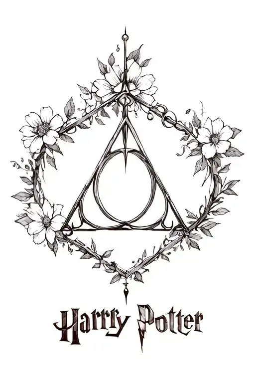 Harry Potter Deathly Hallows Symbol With Metal Elements And Flowers