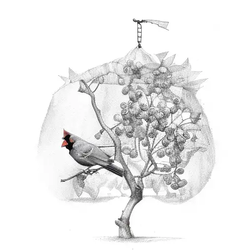 Cardinal Hanging Over A Fruit Tree