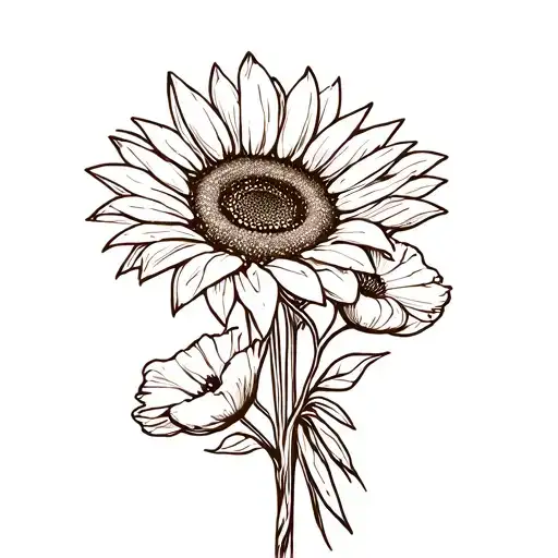 Sunflower And Poppys In Bouqet Tied