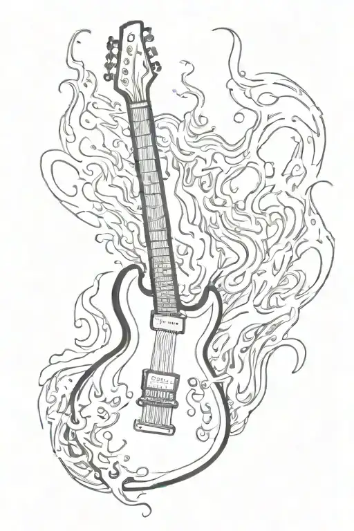 A Very Simple Electric Guitar With A Flame Around It In Black And White
