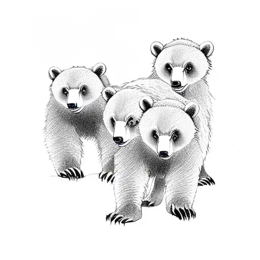 Mama Bear And Bear Cubs Walking In The Forest