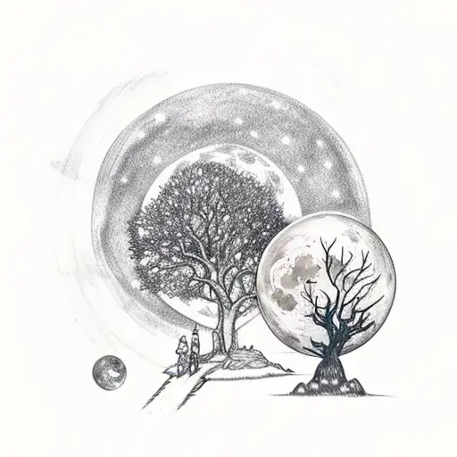 Moony And Padfoot In Front Of The Whomping Willow Under A Full Moon Night