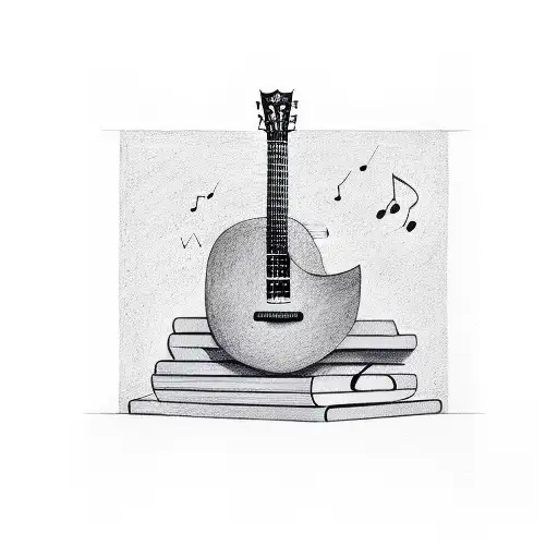 A Stack Of Books Forming The Shape Of A Guitar With Musical Notes Coming Out Of It