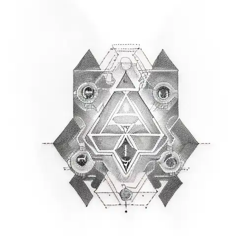 An Abstract Blackwork Tattoo Of A Technological Circuitry Design With Hidden Zelda Symbols