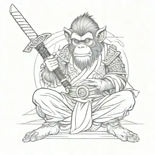 Monkey Samurai Warrior Meditating Two Sword 4K Tattoo Design