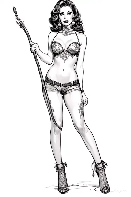 Pin Up Girl Full Body Black And Grey Holding Long Stick Between Legs