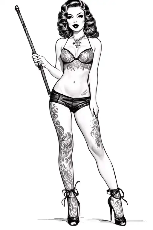 Pin Up Girl Full Body Black And Grey Holding Long Stick Between Legs