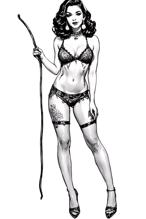 Pin Up Girl Full Body Black And Grey Holding Long Stick Between Legs