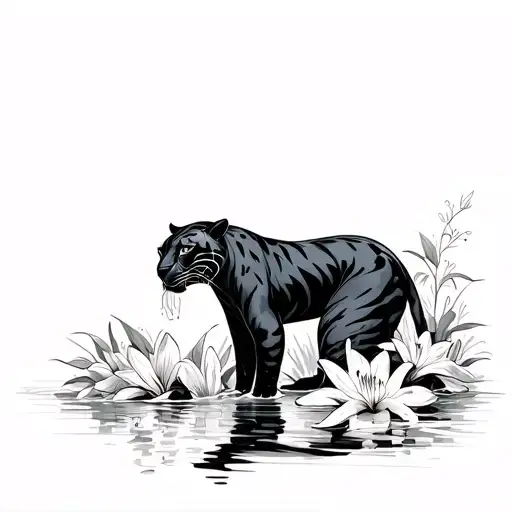 Black Panther Drinking Water While Surrounded By Tiger Lilies