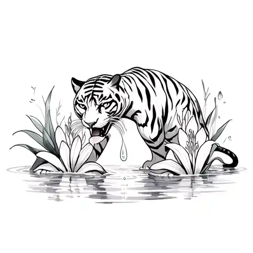 Black Panther Drinking Water And Stalking While Surrounded By Tiger Lilies