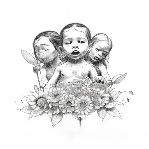 A Sketch-style Tattoo Of Four Children Playing Among Flowers And Insects