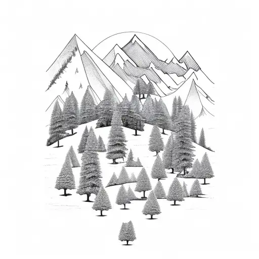 Mountain Scene With Pine Trees At Sunset