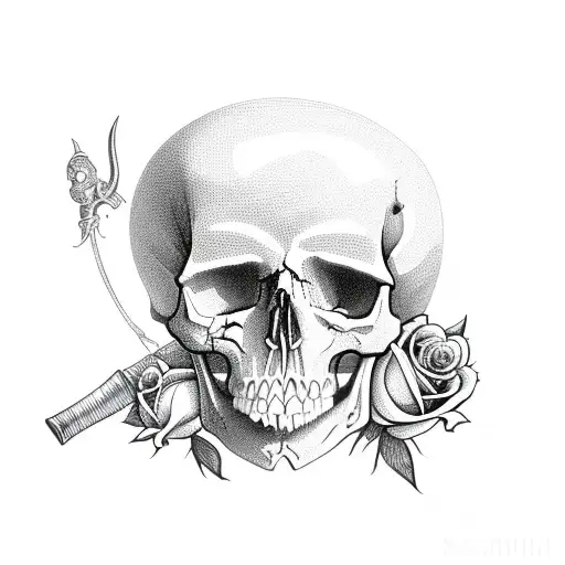 Skull With Dagger Through It Surrounded By Roses