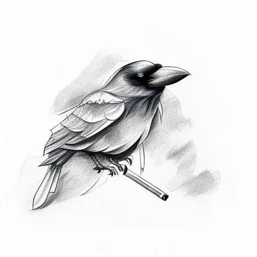 A Sketch-style Tattoo Of A Crow Holding A Cigarette