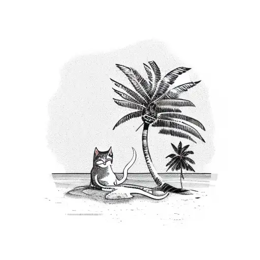 A Cat Lounging Under A Palm Tree On A Tropical Beach