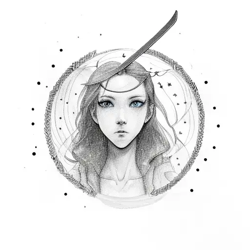 Outline Of A Girl With A Sword In Front Of An Archway Of A Starry Night