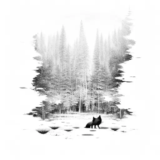 A Serene Forest Landscape With A Hidden Wolf Silhouette