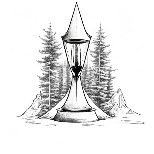 Sketch-style Tattoo Of A Haunted Hourglass Nestled Within A Dense Forest