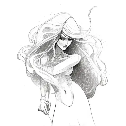 A Sketch Of A Woman With Flowing Hair And A Surfboard In The Background