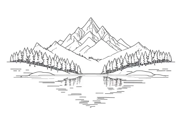 Mountain Outline With Trees And A Lake In The Foreground