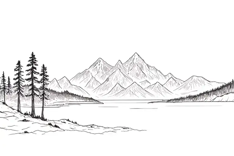 Mountains With A Few Big Trees And Lake In Foreground