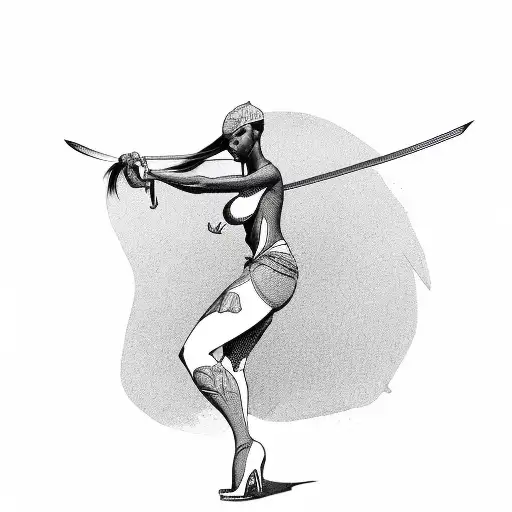 Nude Black Woman Full Body With Katana Stance