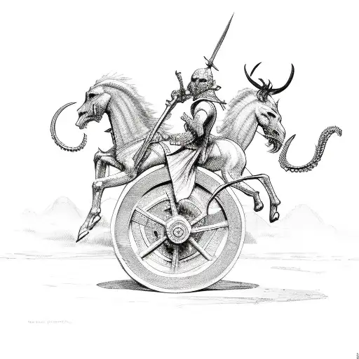 A Sketch Of A Demon Riding A Chariot Pulled By Roman Soldiers