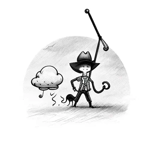 Stick Figure Cowboy With Umbrella And A Cloud Thats Raining