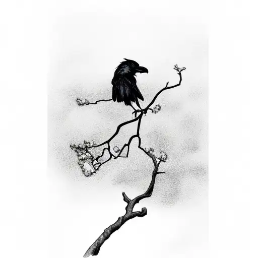 Crow On Branch With Horizon Background With Color Details