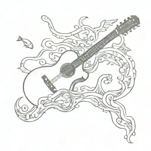 A Sketch Of A Guitar With Sea Creatures Swimming Around It