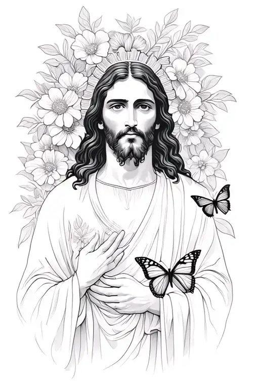 Jesus With Butterflies And Flowers Blooming