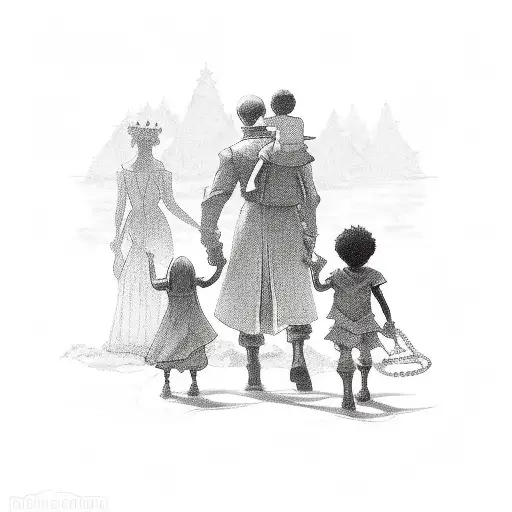 King And Queen Guiding Kid With A Chain And The Kid Guides Three More Children Behind Him