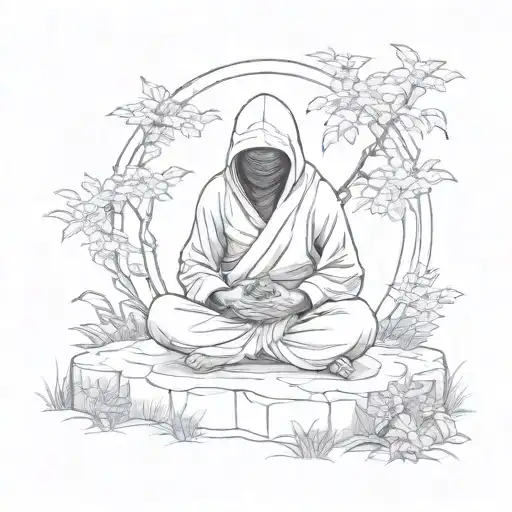 A Sketch Tattoo Of A Ninja Meditating In A Peaceful Garden Surrounded By Classical Music Notes