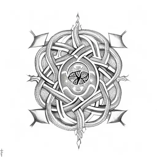 Nordic Knotwork Around Vegvisir Depicting A Nordic Dragon In A Blackwork Style