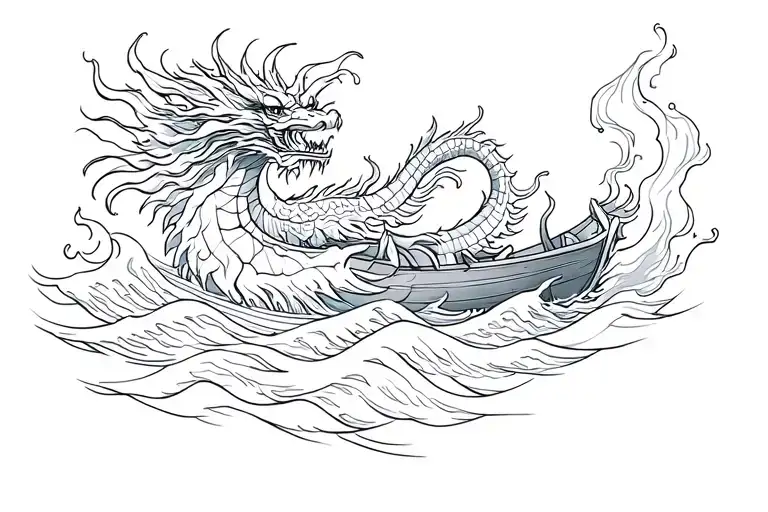 Burning Dragon Boat In Waves