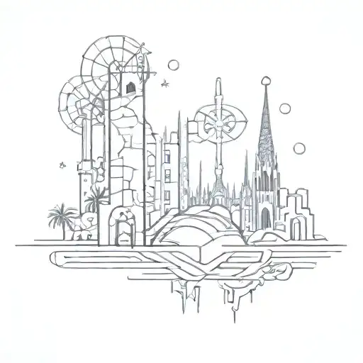 Abstract Tattoo Design Featuring A Combination Of Barcelona Landmarks And Computer Symbols