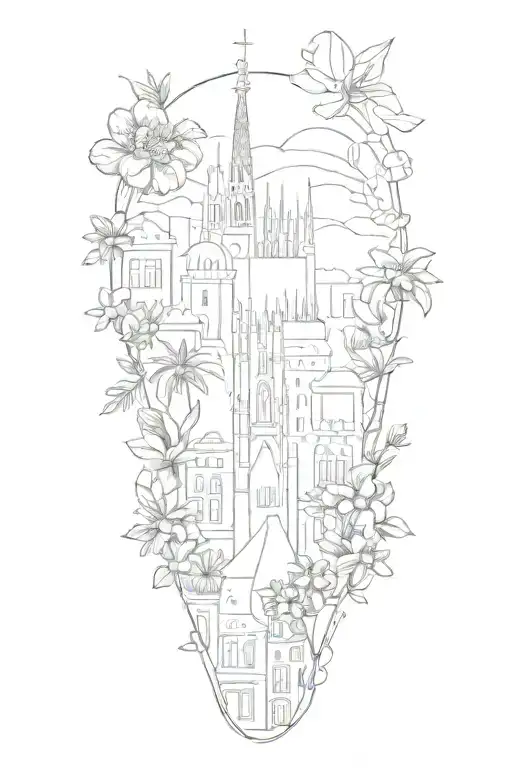 Abstract Tattoo Design Featuring A Combination Of Barcelona Landmarks And Spanish Plants