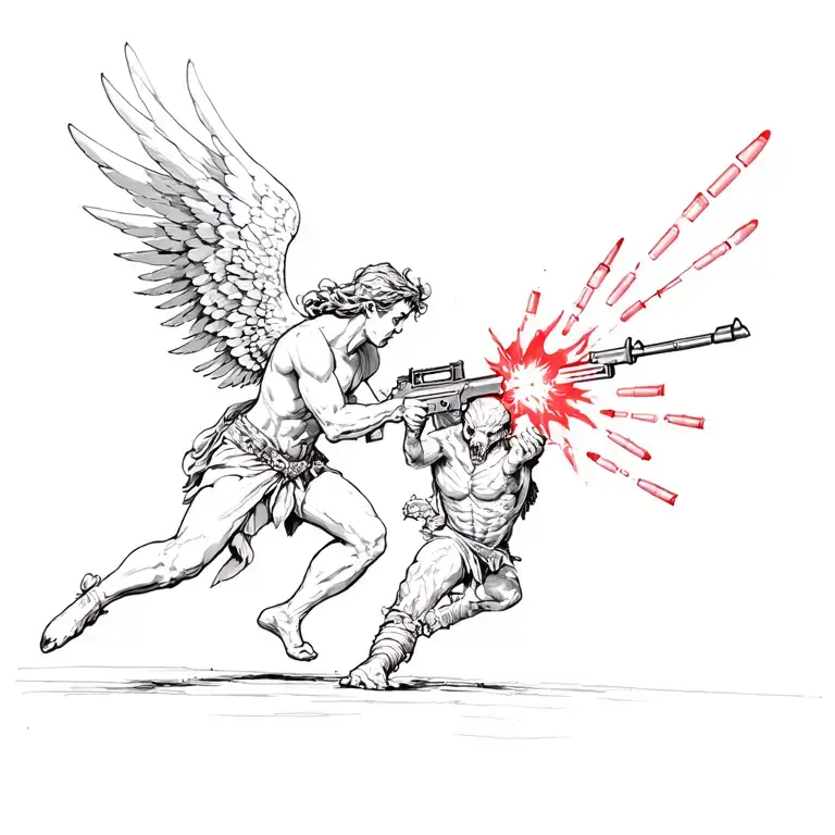 An Angel Fighting Off A Demon With Bullets Fired From A Modern Rifle