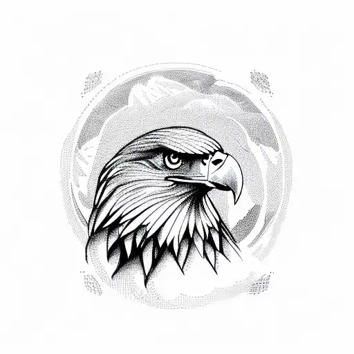 Eagle With Mountains And House