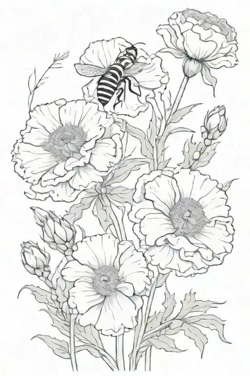 2 Carnations And 1 Poppy With Bee Flying